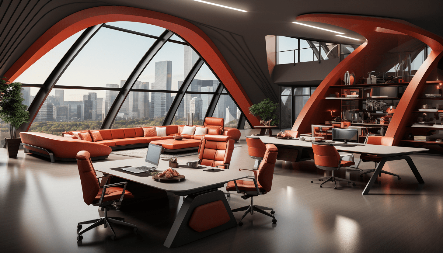 An office space with multiple desks and seats.