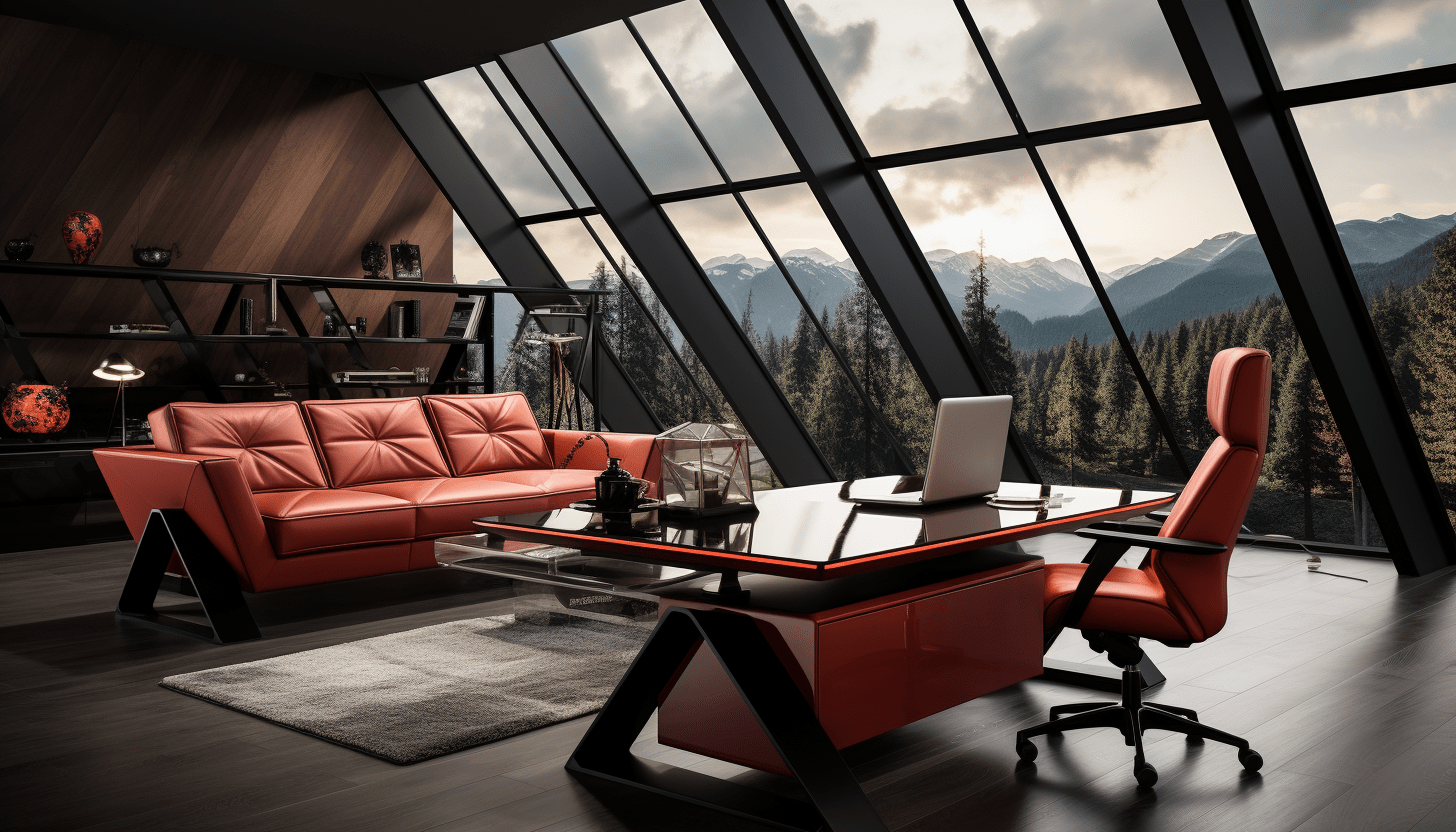 An office space with red furniture.