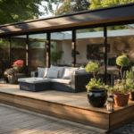 A garden house extension with outdoor furniture on the patio