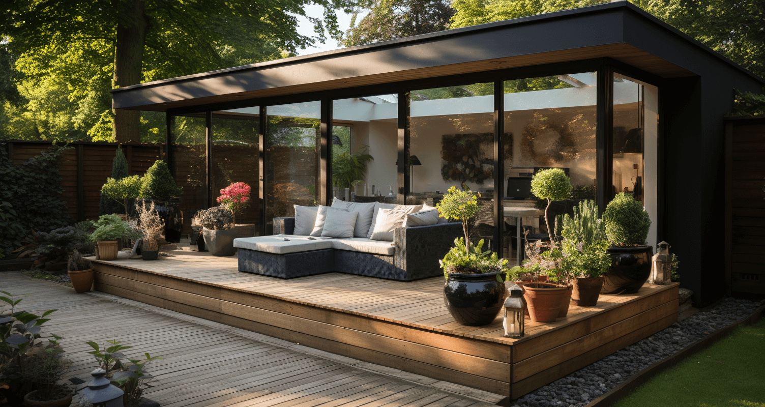 A garden house extension with outdoor furniture on the patio