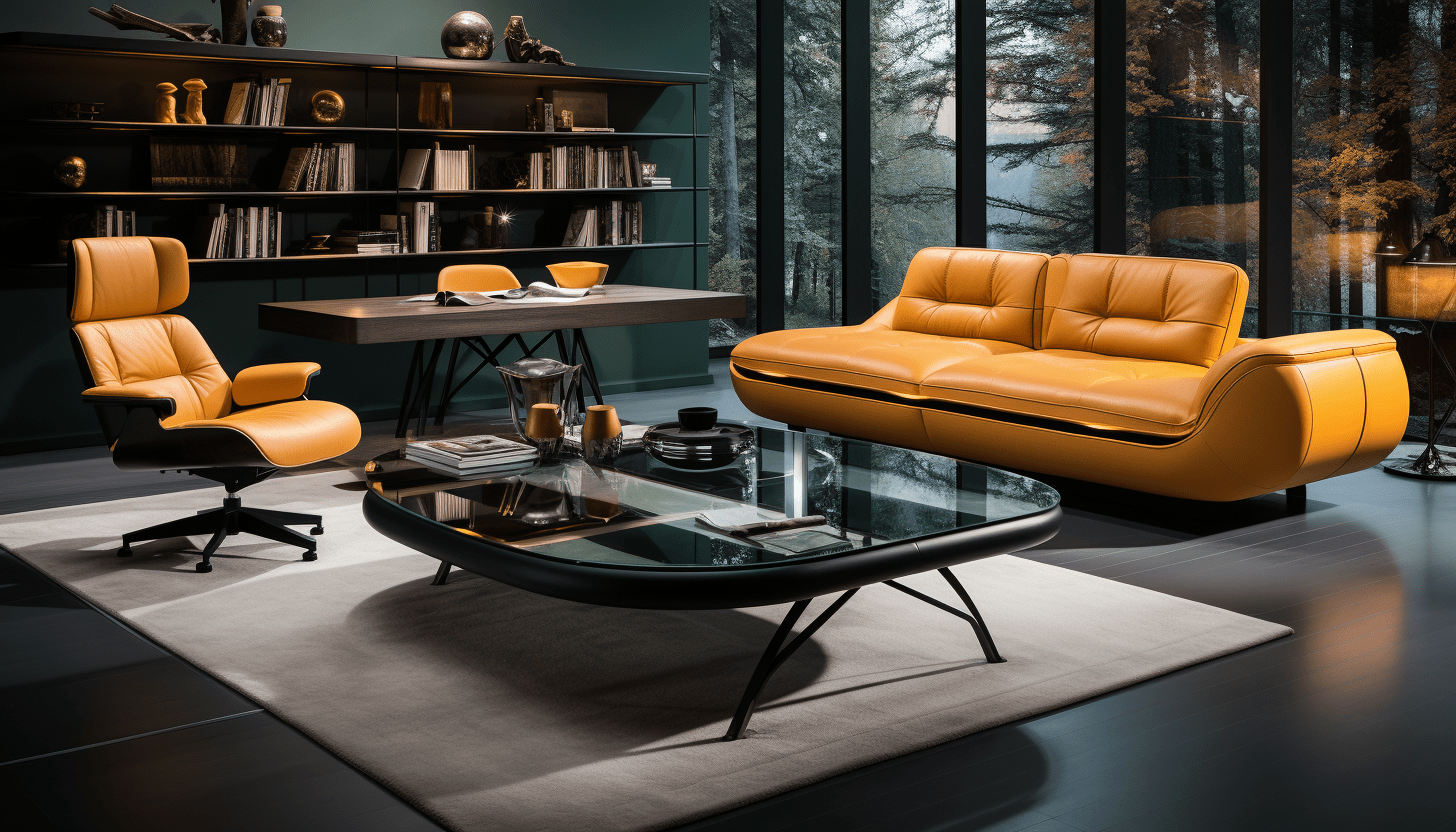 Modern spacious office interior with yellow sofa